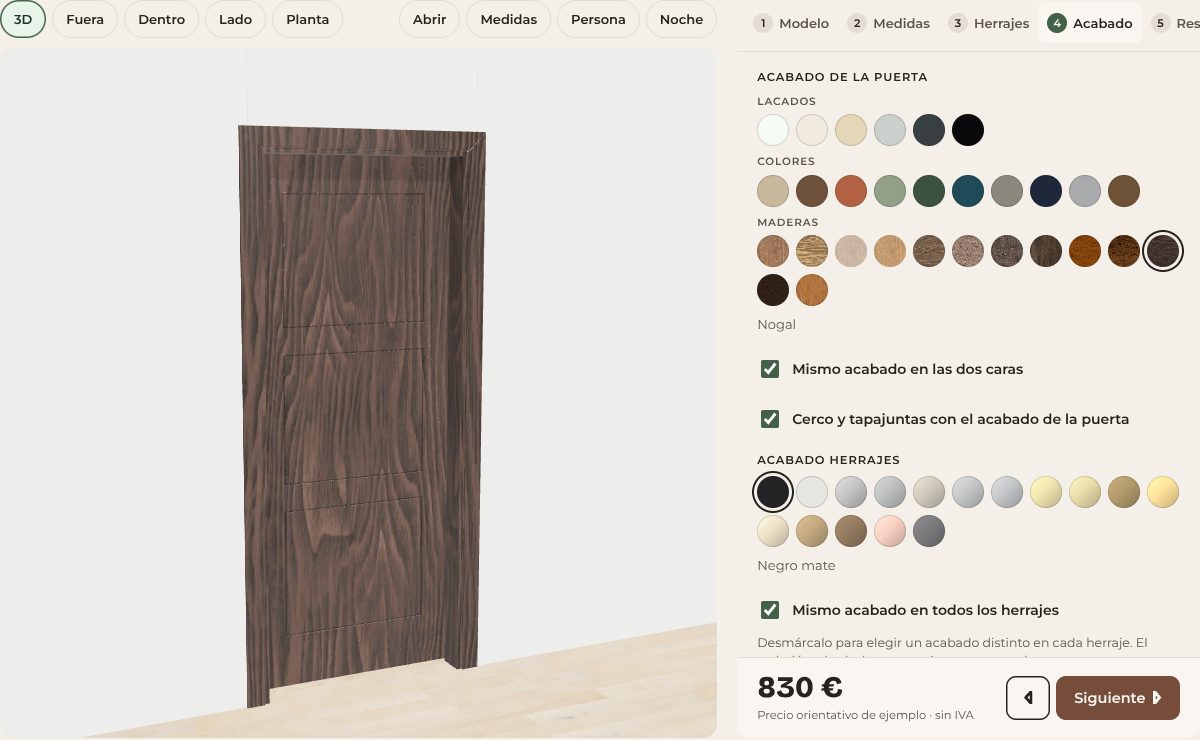 Configurador 3D de puertas: puerta en acabado nogal con el panel de acabados y el precio