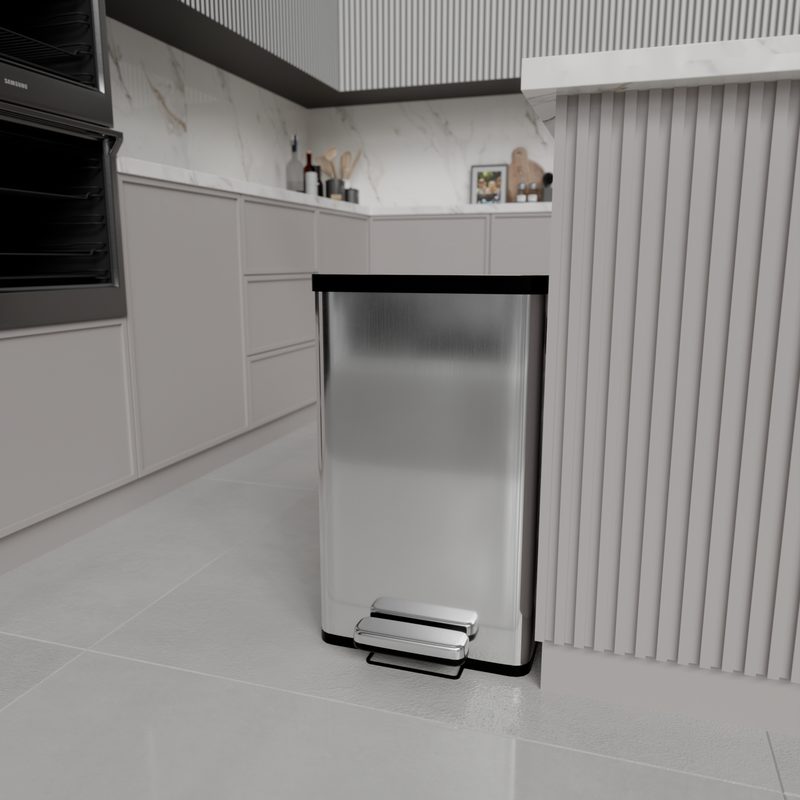 3D pedal bin, stainless steel finish, in the kitchen