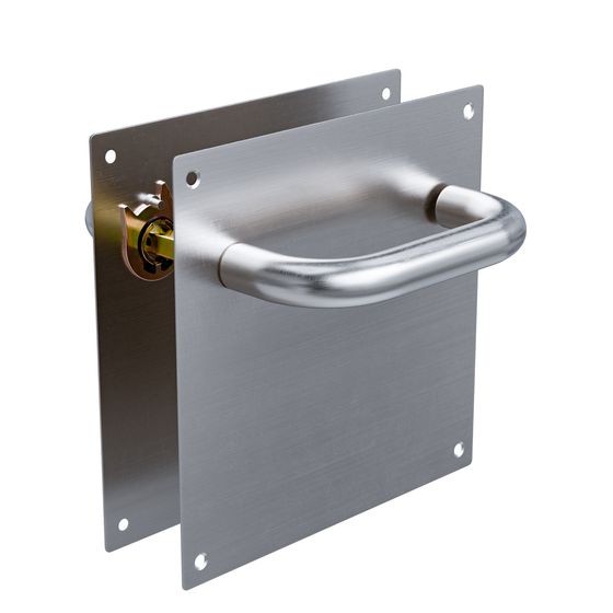 Manilla con placa cuadrada en inox cepillado, foto de estudio