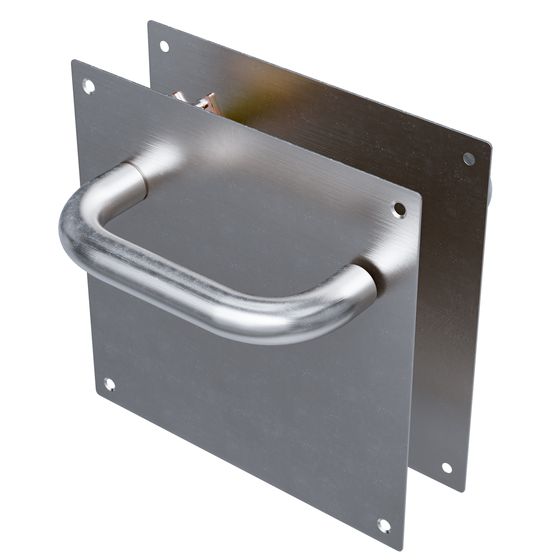 Manilla, placa cuadrada en inox cepillado, vista elevada