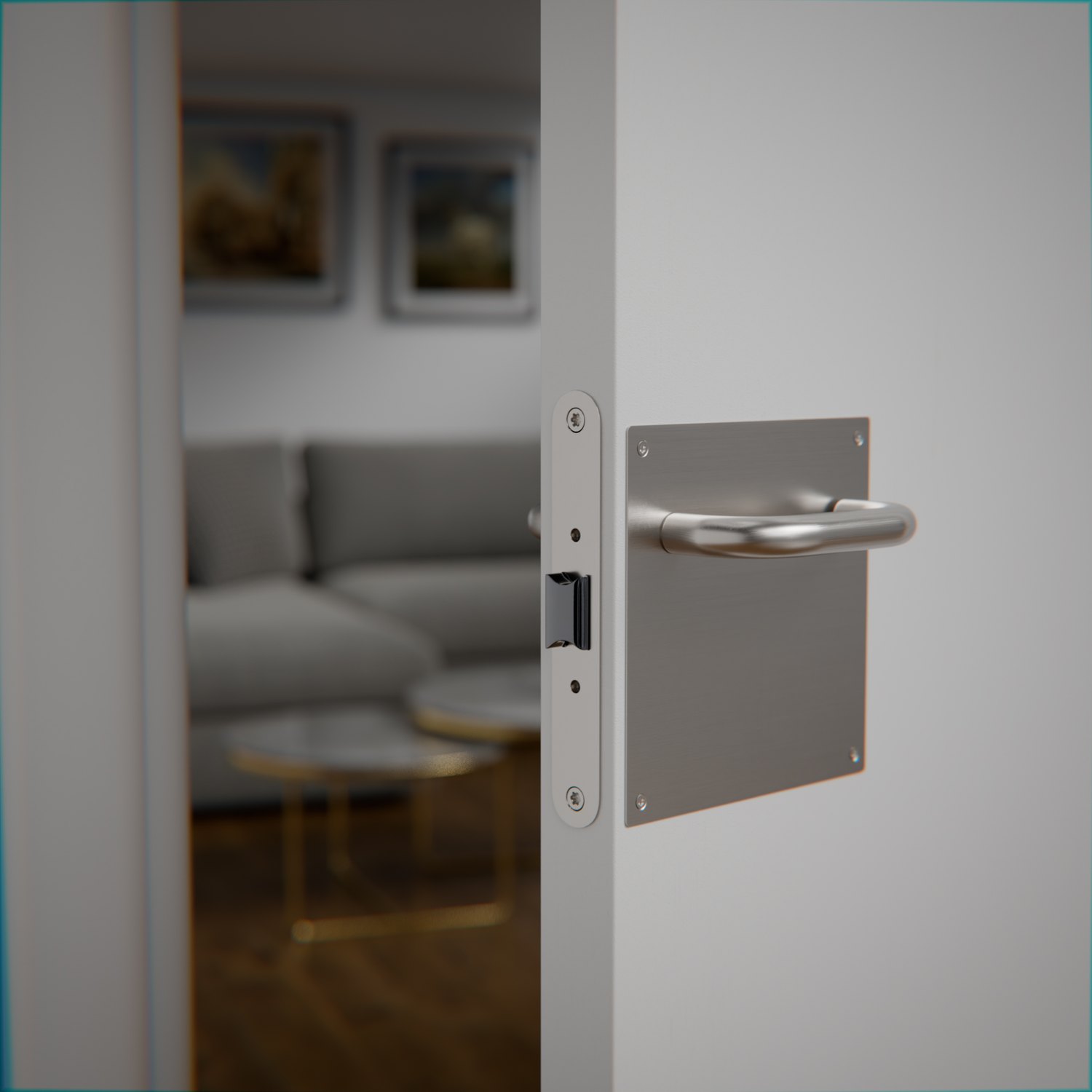 Manilla con placa cuadrada en inox cepillado, puerta lacada blanca