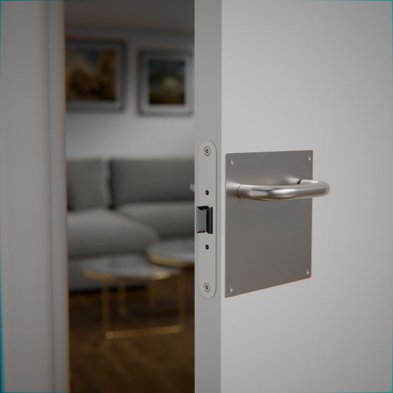 Manilla con placa cuadrada en inox cepillado, puerta lacada blanca