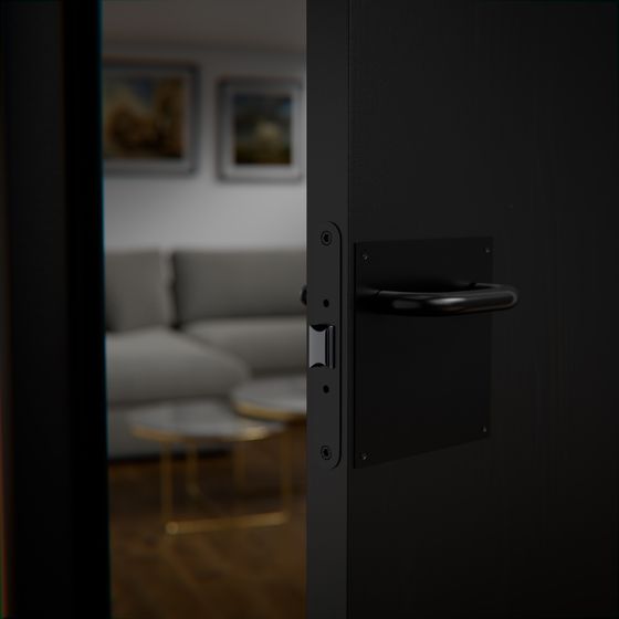 Manilla con placa cuadrada en negro, puerta lacada negra