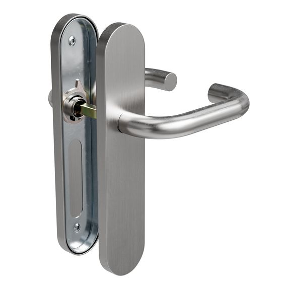 Manilla con placa ovalada en inox cepillado, foto de estudio