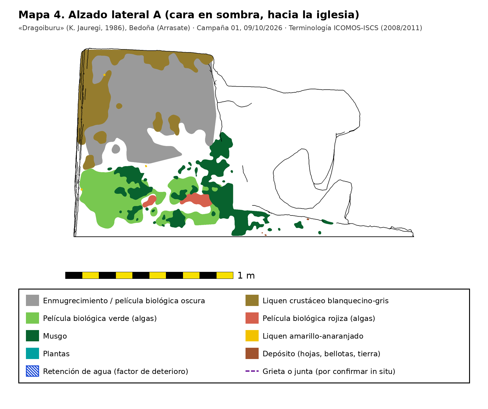 Mapa de deterioros · Lateral A (en sombra, hacia la iglesia)